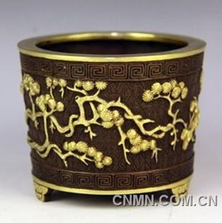 紫铜錾刻鎏金 古松纹筒式炉【现代金属工艺品·铜装饰摆件】