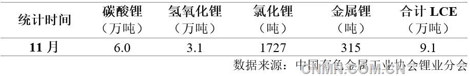 表 1    2024年11月我国锂盐产量